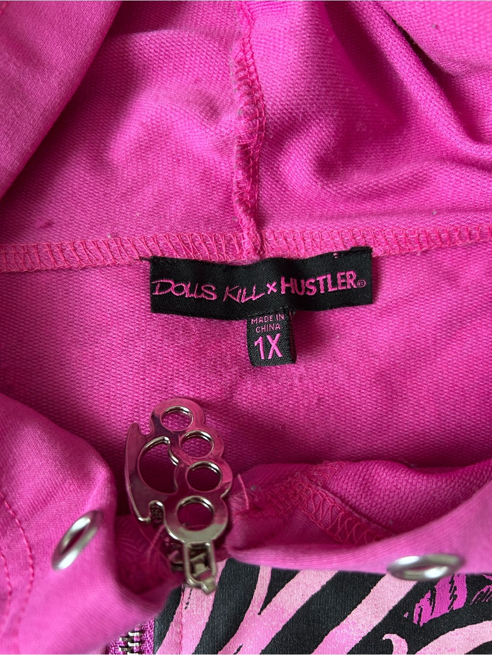 DOLLSKILL Hot Pink Zip-Up Hoodie with Graphic Wings and Heart Design - Picture 3 of 3